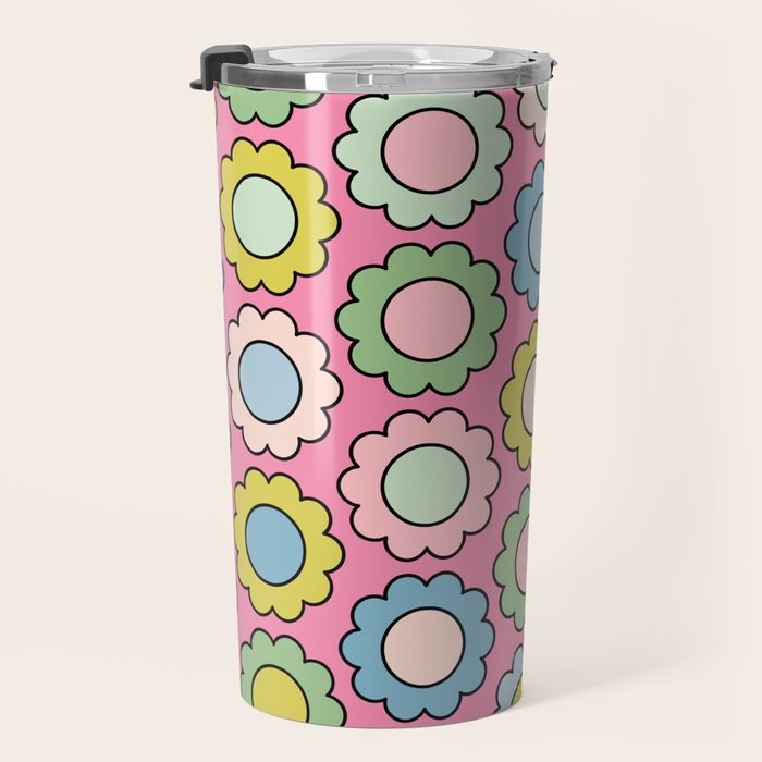 Happy Flowers Pink Pastel Spring Pattern Travel Mug Gallery Image 3