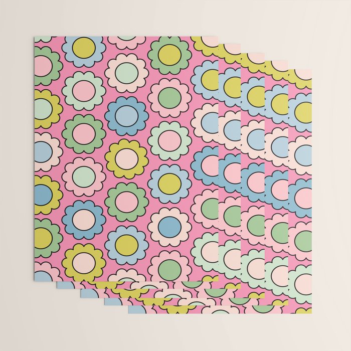 Happy Flowers Pink Pastel Spring Pattern Wrapping Paper Gallery Image 3