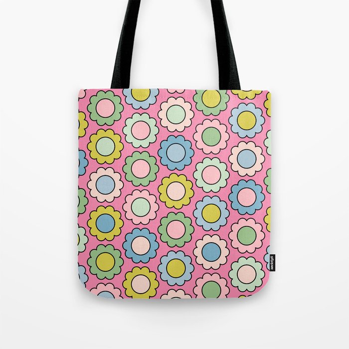Happy Flowers Pink Pastel Spring Pattern Tote Bag Gallery Image 1
