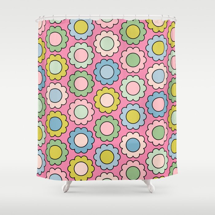 Happy Flowers Pink Pastel Spring Pattern Shower Curtain Gallery Image 1