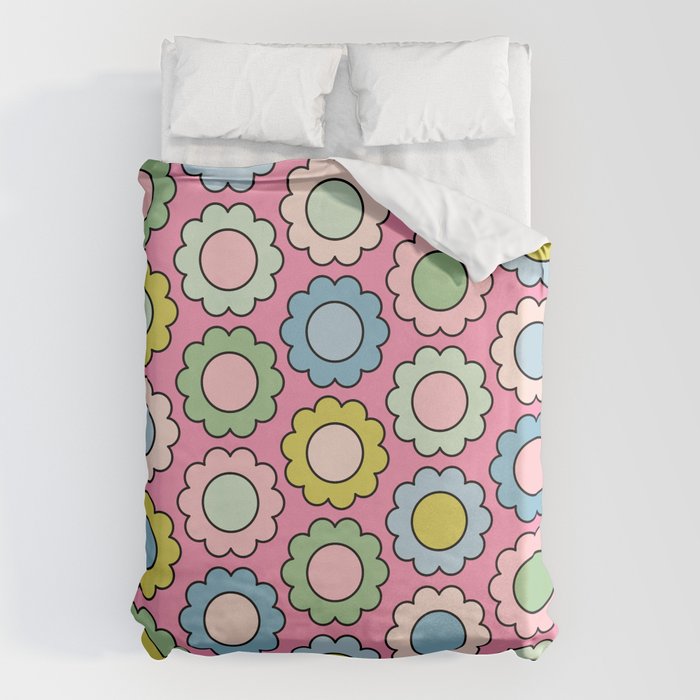 Happy Flowers Pink Pastel Spring Pattern Duvet Cover Gallery Image 1