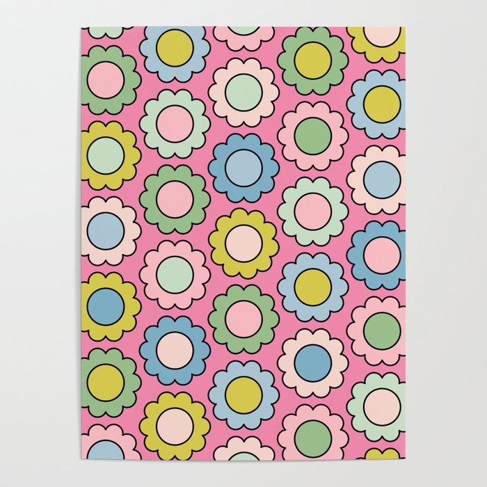 Happy Flowers Pink Pastel Spring Pattern Poster Gallery Image 1