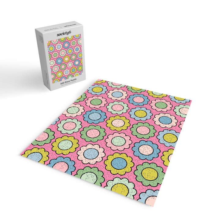 Happy Flowers Pink Pastel Spring Pattern Jigsaw Puzzle Gallery Image 2