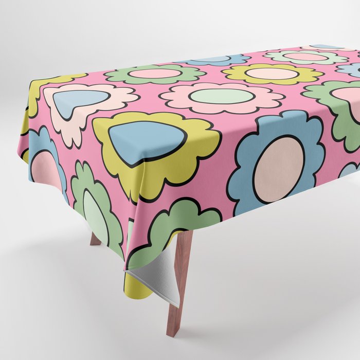 Happy Flowers Pink Pastel Spring Pattern Tablecloth Gallery Image 1