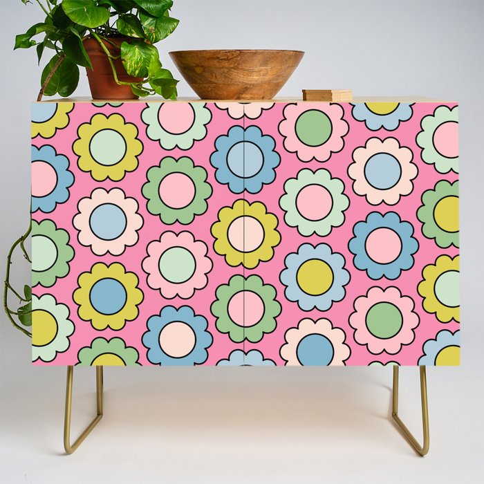 Happy Flowers Pink Pastel Spring Pattern Credenza Gallery Image 1