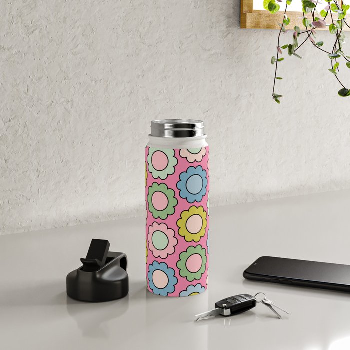 Happy Flowers Pink Pastel Spring Pattern Water Bottle Gallery Image 4
