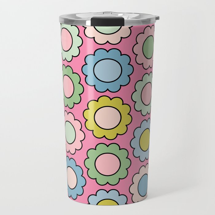 Happy Flowers Pink Pastel Spring Pattern Travel Mug Gallery Image 1