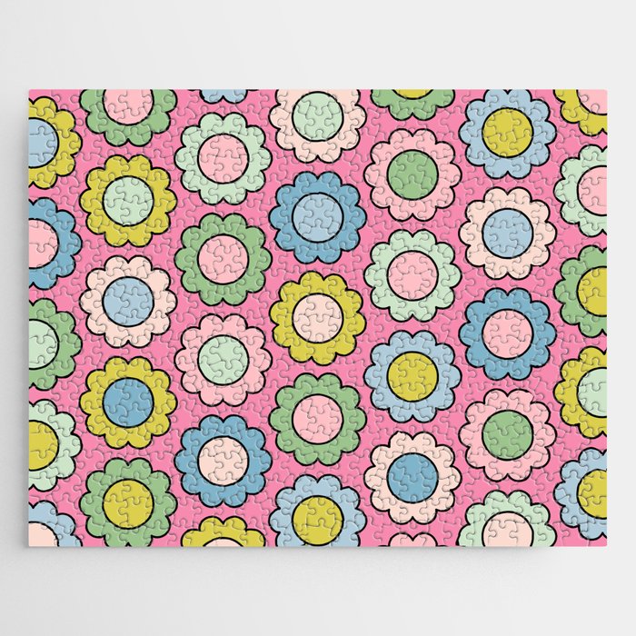Happy Flowers Pink Pastel Spring Pattern Jigsaw Puzzle Gallery Image 1