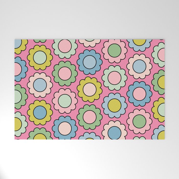 Happy Flowers Pink Pastel Spring Pattern Welcome Mat Gallery Image 1