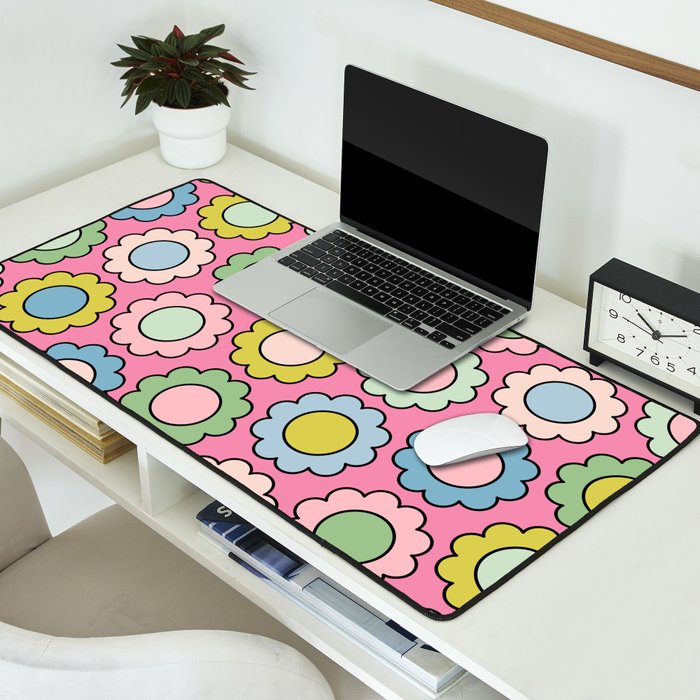 Happy Flowers Pink Pastel Spring Pattern Desk Mat Gallery Image 2