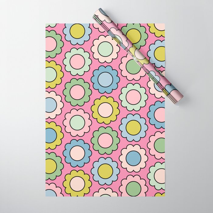 Happy Flowers Pink Pastel Spring Pattern Wrapping Paper Gallery Image 1