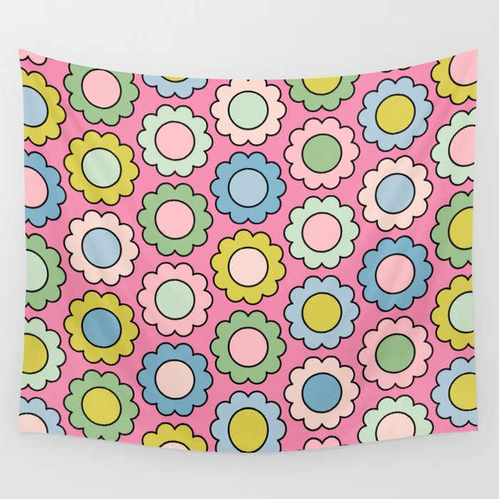 Happy Flowers Pink Pastel Spring Pattern Wall Tapestry Gallery Image 4