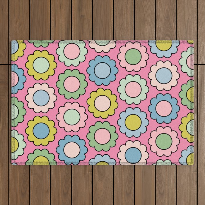 Happy Flowers Pink Pastel Spring Pattern Outdoor Rug Gallery Image 1