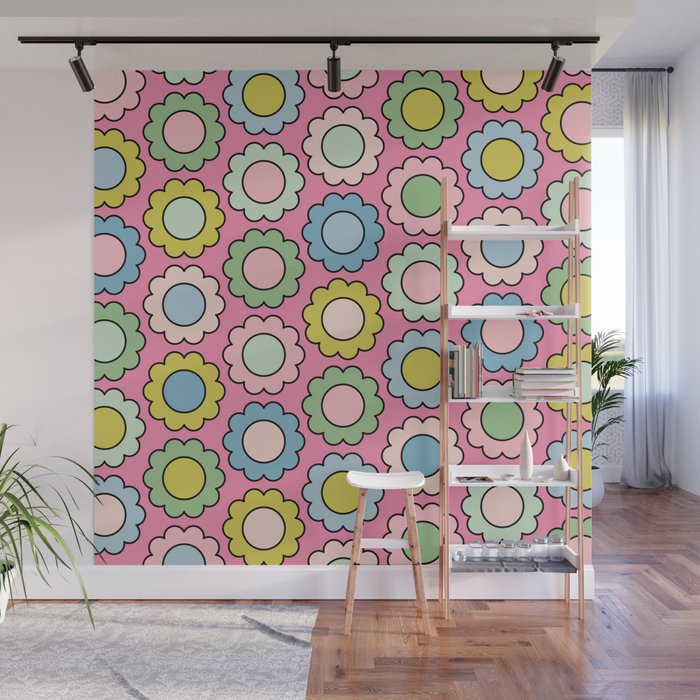 Happy Flowers Pink Pastel Spring Pattern Wall Mural Gallery Image 1