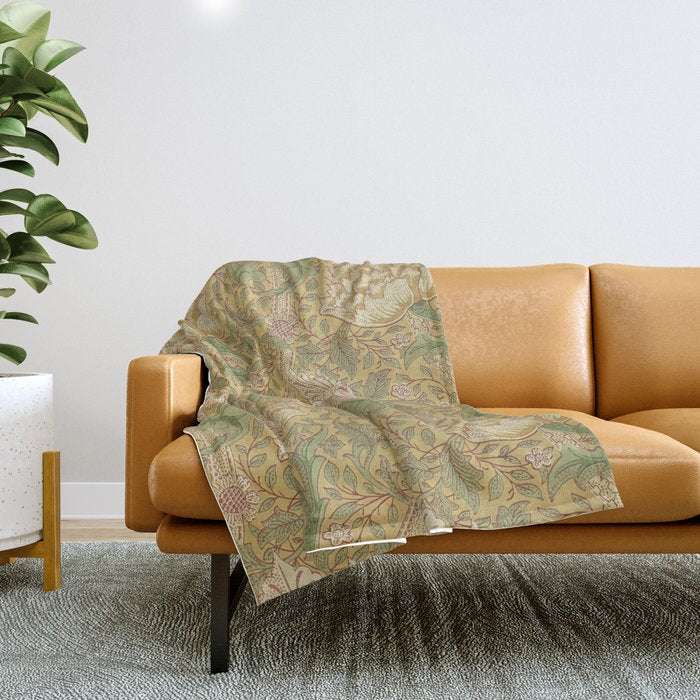 William Morris Windrush Gold Thyme Green Vintage Pattern Throw Blanket Gallery Image 1