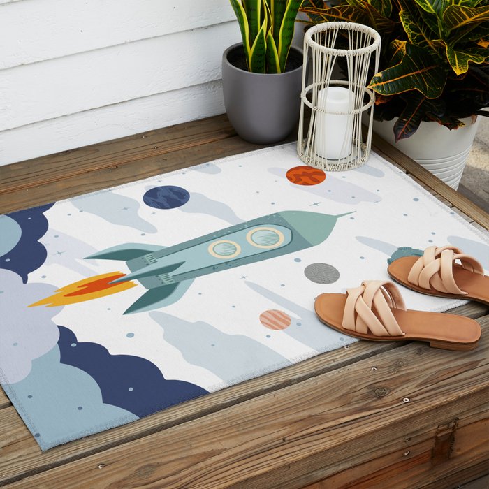 Space rocket print with planets and stars, perfect for an outer space nursery or kids room Outdoor Rug Gallery Image 2