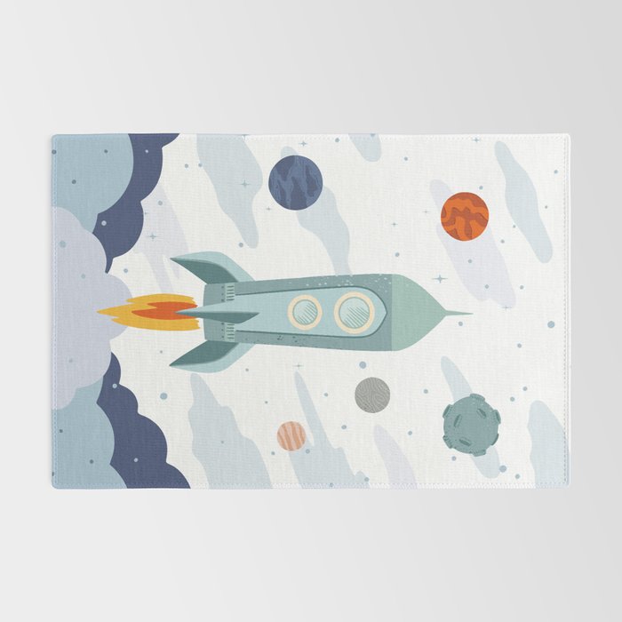 Space rocket print with planets and stars, perfect for an outer space nursery or kids room Rug Gallery Image 2