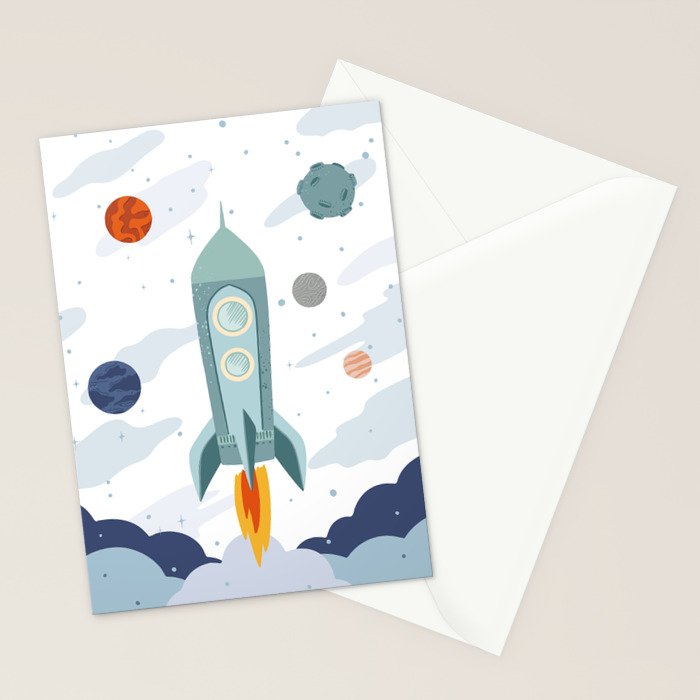 Space rocket print with planets and stars, perfect for an outer space nursery or kids room Stationery Card Gallery Image 2