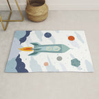 Space rocket print with planets and stars, perfect for an outer space nursery or kids room Rug Gallery Image 1