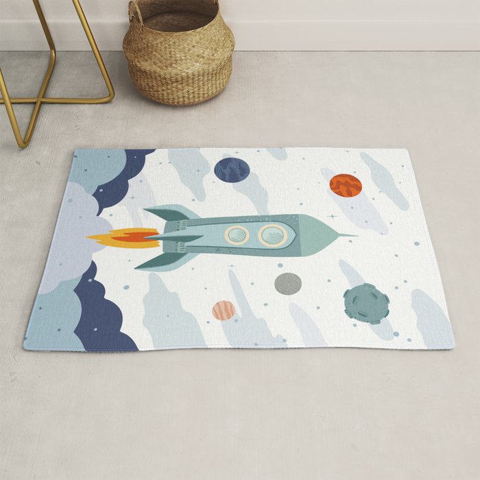 Space rocket print with planets and stars, perfect for an outer space nursery or kids room Rug Gallery Image 1