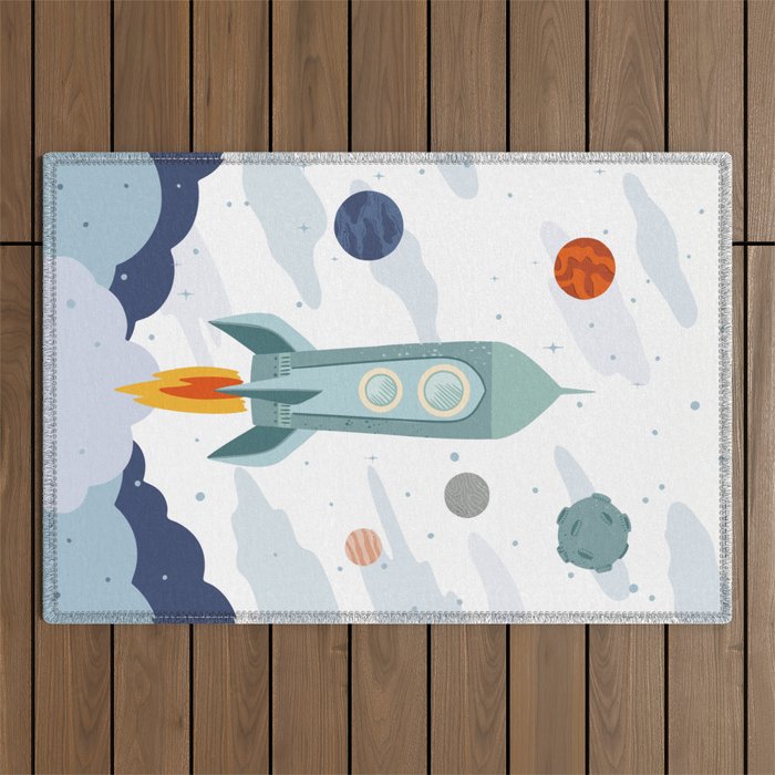 Space rocket print with planets and stars, perfect for an outer space nursery or kids room Outdoor Rug Gallery Image 1
