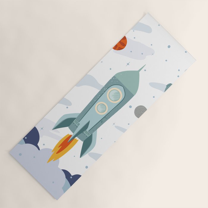 Space rocket print with planets and stars, perfect for an outer space nursery or kids room Yoga Mat Gallery Image 1