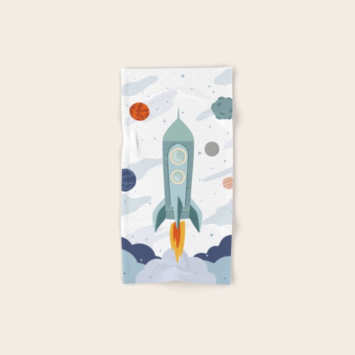 Space rocket print with planets and stars, perfect for an outer space nursery or kids room Bath Towel Gallery Image 1