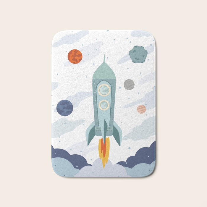 Space rocket print with planets and stars, perfect for an outer space nursery or kids room Bath Mat Gallery Image 1