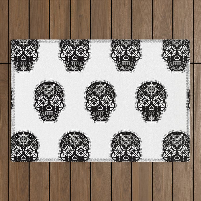 DÃ­a de Muertos Calavera â¢ Mexican Sugar Skull - Black Palette Outdoor Rug Gallery Image 1