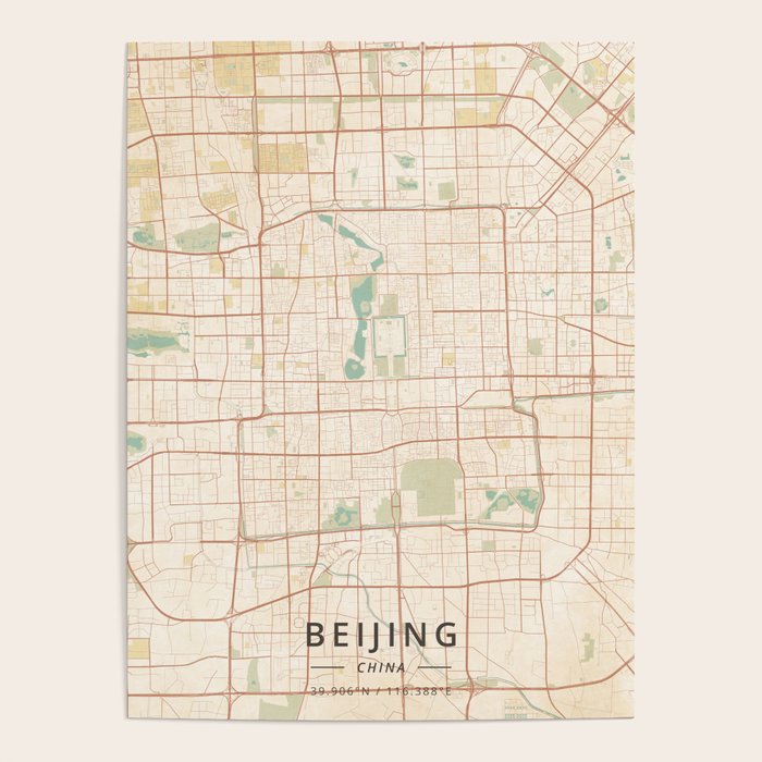 Beijing, China - Vintage Map Poster