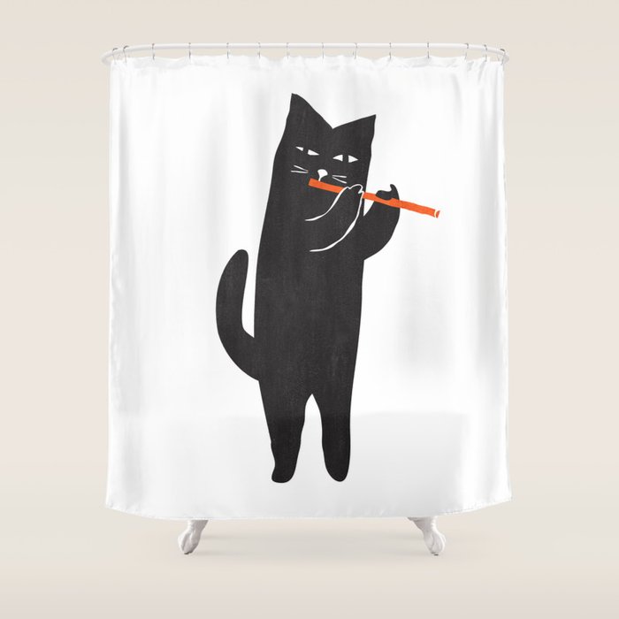 Black cat with flute Shower Curtain Gallery Image 1