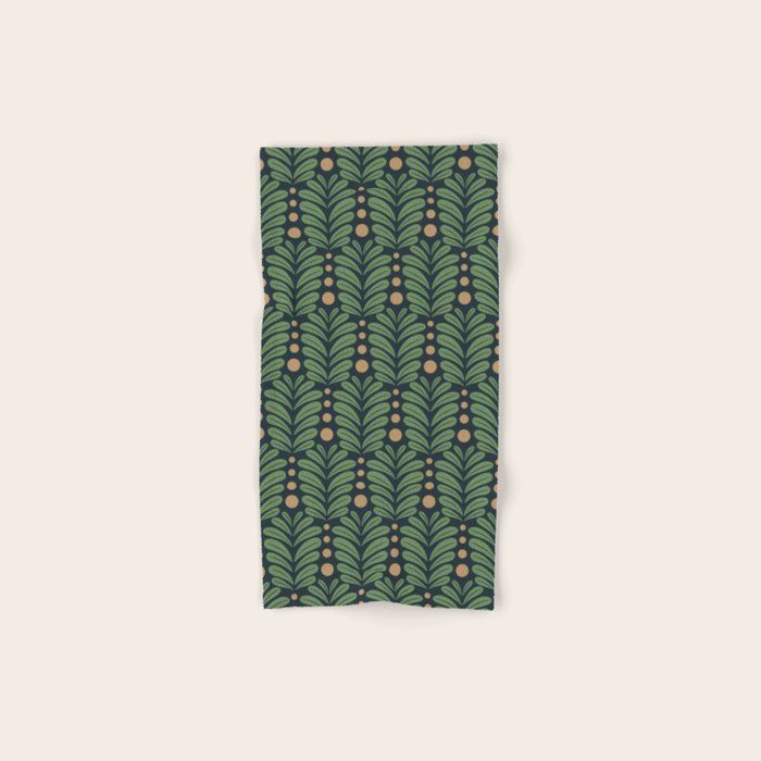 Green and Navy Botanical Scalloped Art Deco Pattern Bath Towel Gallery Image 1