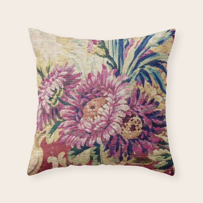 Antique French Gobelins Floral Textile Print Throw Pillow Gallery Image 6
