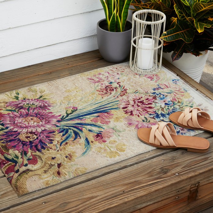 Antique French Gobelins Floral Textile Print Outdoor Rug Gallery Image 2