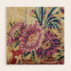 Antique French Gobelins Floral Textile Print Wood Wall Art Gallery Image 1