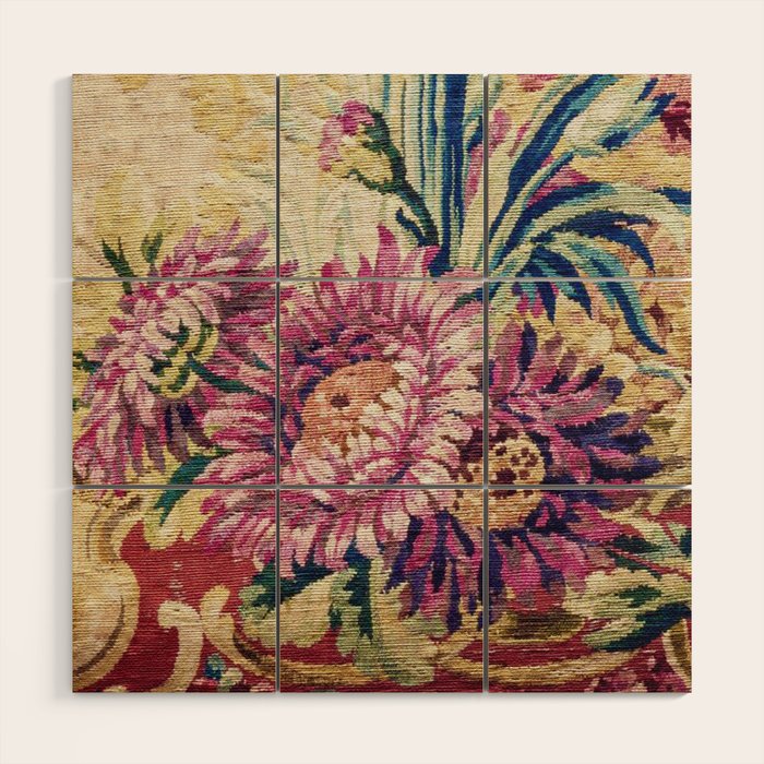 Antique French Gobelins Floral Textile Print Wood Wall Art Gallery Image 1
