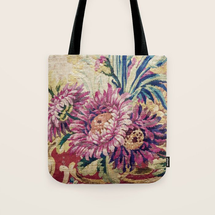 Antique French Gobelins Floral Textile Print Tote Bag Gallery Image 1