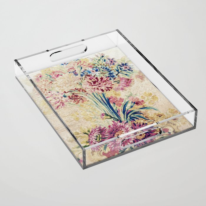 Antique French Gobelins Floral Textile Print Acrylic Tray Gallery Image 1