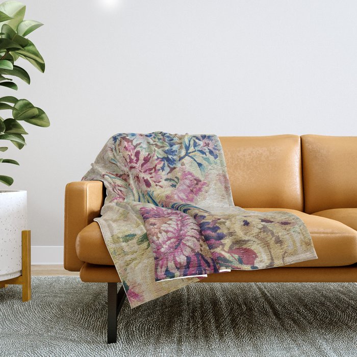 Antique French Gobelins Floral Textile Print Throw Blanket Gallery Image 1