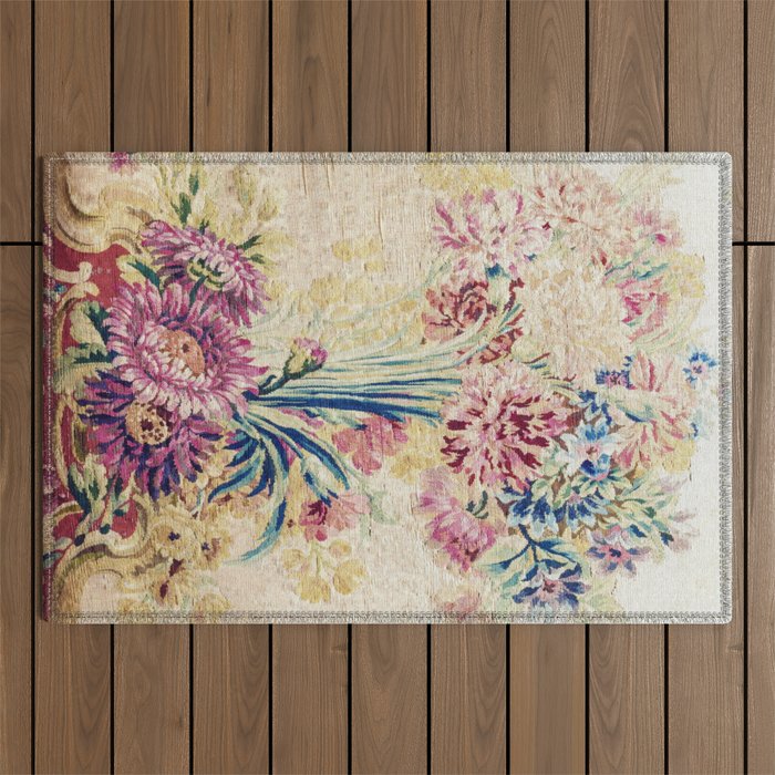 Antique French Gobelins Floral Textile Print Outdoor Rug Gallery Image 1