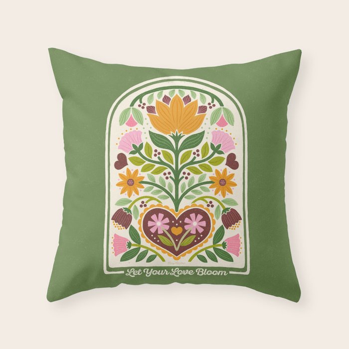 Let your Love Bloom Floral Folk Art Throw Pillow Gallery Image 1