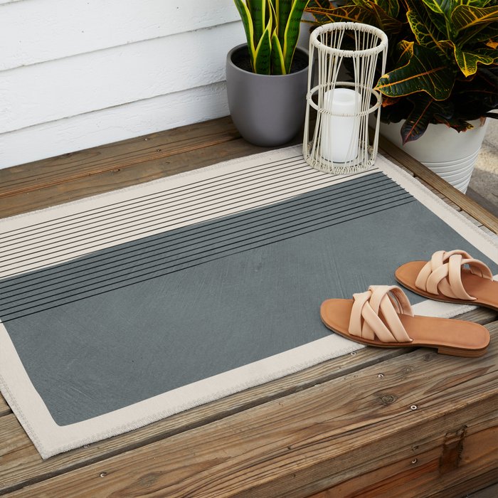 Gray Color Block Black Lines Minimal Artwork Outdoor Rug Gallery Image 2