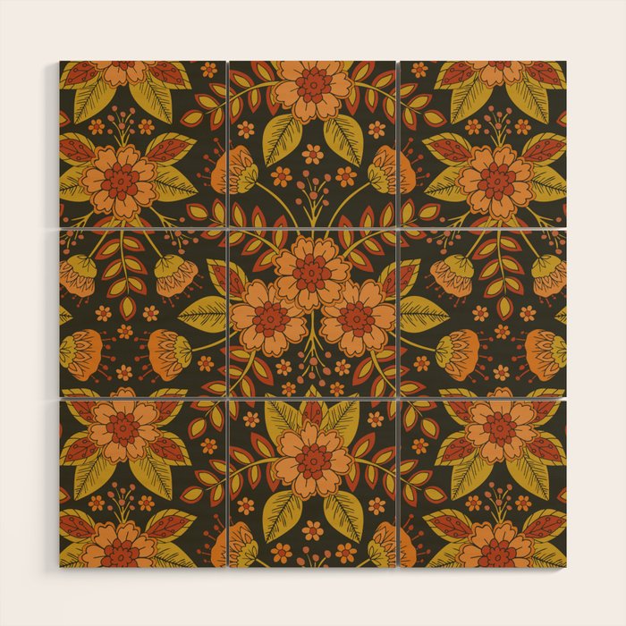 Orange, Peach, Olive Green & Dark Gray Floral Pattern Wood Wall Art Gallery Image 1