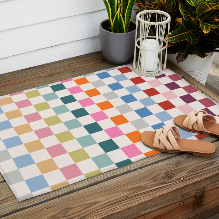 Checkered Retro Colorful Check Pattern Outdoor Rug Gallery Image 2