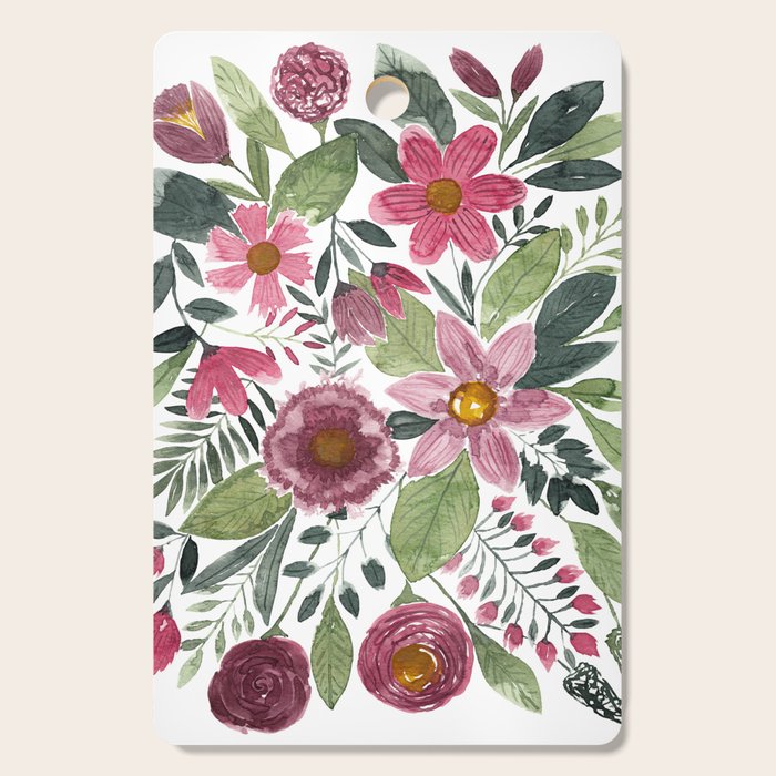 Mauve Pink Forest Green Watercolor Flowers Leaves Cutting Board Gallery Image 1