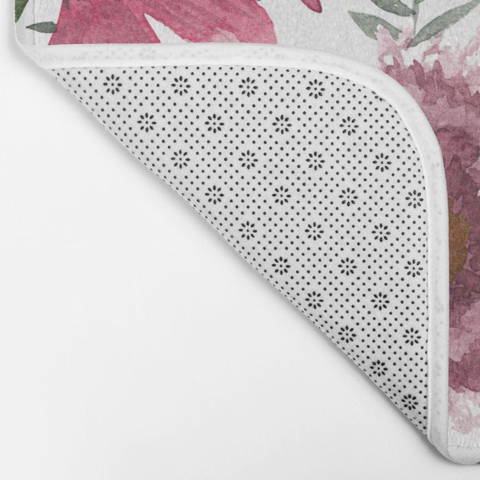 Mauve Pink Forest Green Watercolor Flowers Leaves Bath Mat Gallery Image 2