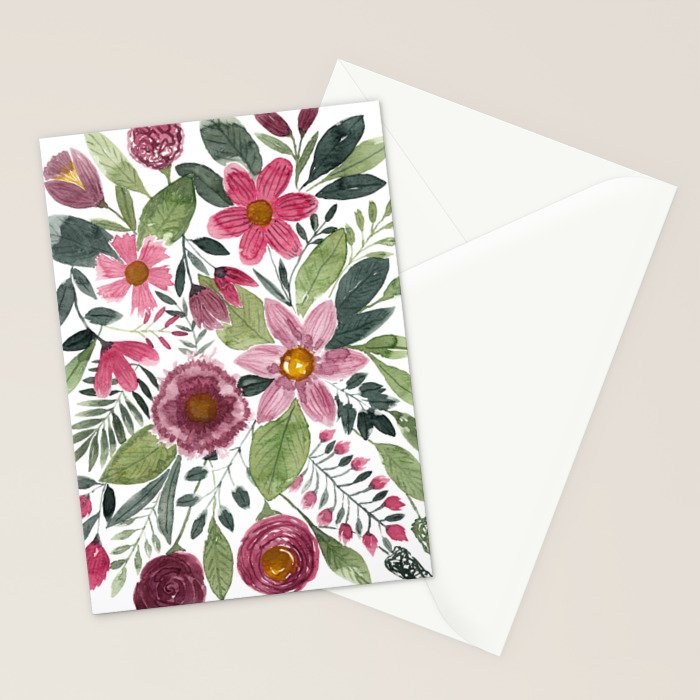 Mauve Pink Forest Green Watercolor Flowers Leaves Stationery Card Gallery Image 2