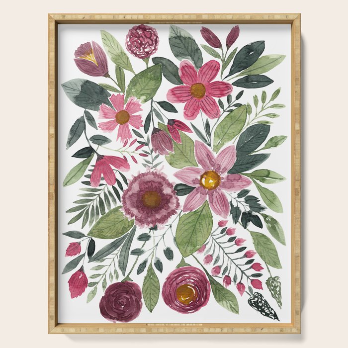 Mauve Pink Forest Green Watercolor Flowers Leaves Serving Tray Gallery Image 1
