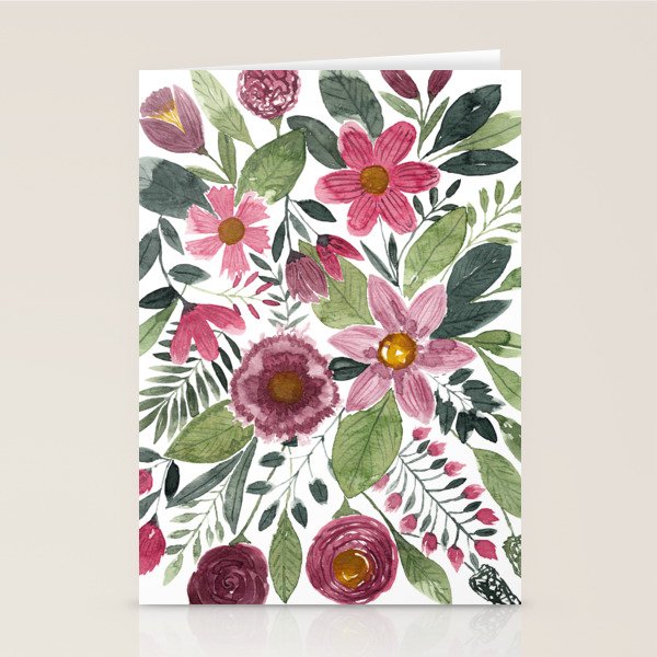 Mauve Pink Forest Green Watercolor Flowers Leaves Stationery Card Gallery Image 2