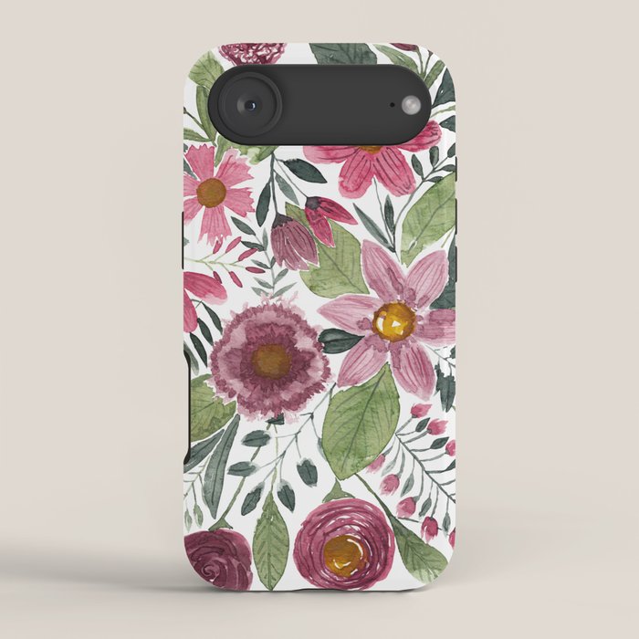 Mauve Pink Forest Green Watercolor Flowers Leaves iPhone Case Gallery Image 2